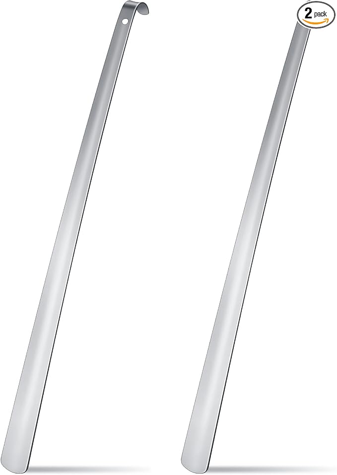 Geelin 2 Pcs 23'' Extra Long Handled Shoe Horn Metal Shoehorn for Men Women Multifunctional Stainless Dressing Stick for Elderly Disabled Limited Mobility, Standing Reach Assist for Senior (Silver)