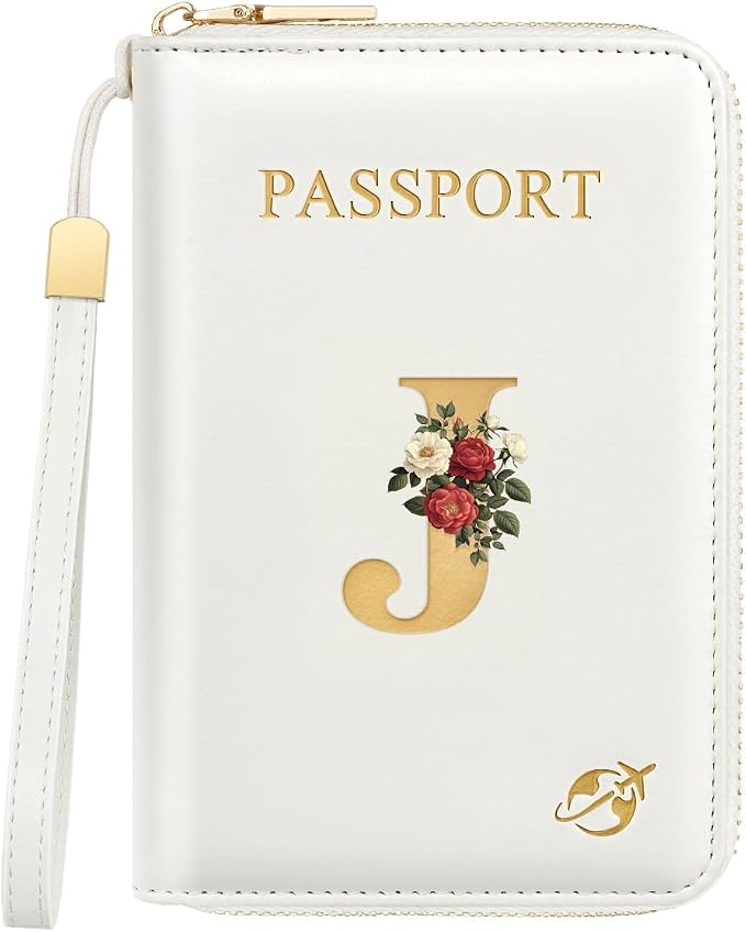 Passport Holder for Travel Personalized Wallet with Wristlet Women | All-in-One Passport Cover, RFID Blocking, Back Coin Pocket, Paper Money Slot, Zipper Closure, Roses Initial Letter, White J