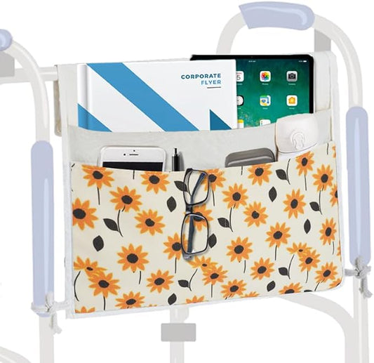 TOGETRUE Walker Bag, Easy Access Walker Storage Basket with 2 Large Pockets, Walker Accessories Bag for Folding Walker, Wheelchairs, Strollers, 13"x14.5" (Daisy)