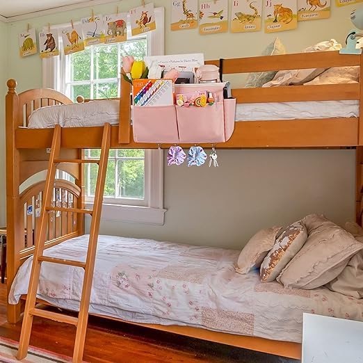 Bedside Caddy Organizer 5 Pockets 4 Hooks Bunk Bed 2Pack Pink | Hanging Storage Bag for Headboards