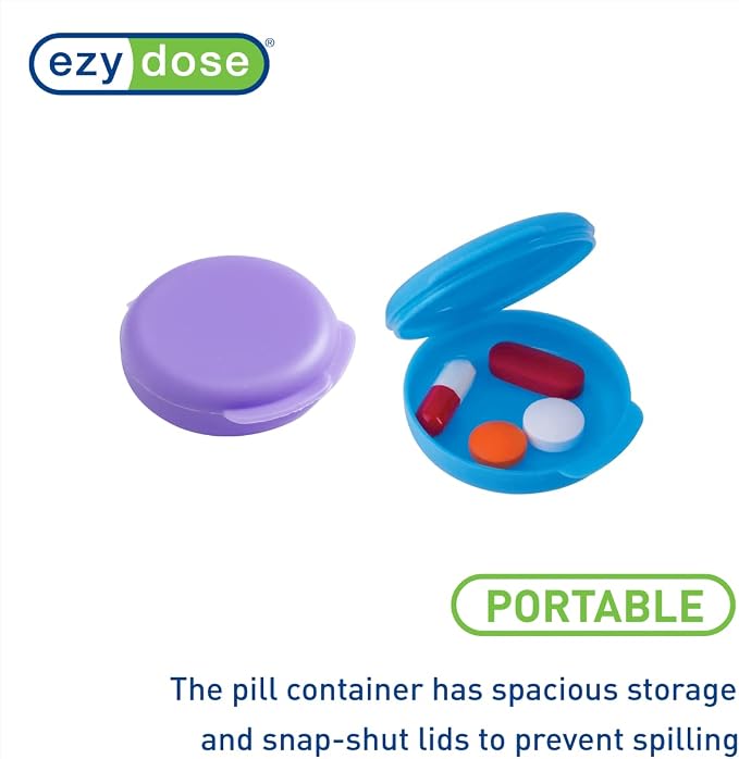 EZY DOSE Daily Round, Portable On-The-Go Pocket Pharmacy, Pill Box, Organizer and Vitamin Containers, Snap Shut Lids, Perfect for Traveling, Blue and Purple, 2 Pack, BPA Free