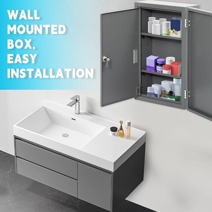 Yeeoy Locking Medicine Cabinet, Wall Mount Narcotics Cabinet with Lock & Double Door, Secure Steel Drug Cabinet Medicine Lock Box for Home School use, Grey