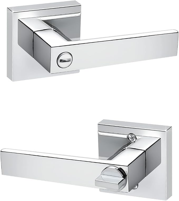 KNOBWELL 1 Pack Polished Chrome Door Handle Square Doorknob with Lever Interior Door Lever for Bed and Bath