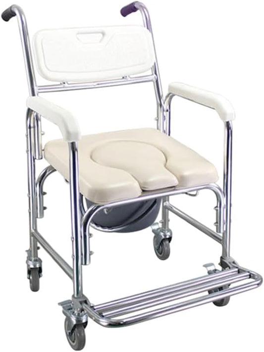 Multifunction Wheeled Mobile Toilet Commode Shower Chair Wheelchair with Wheels for Elderly, The Portable Handicap Toilet Can Confidently Holds Up to 136KG/ 300 pounds