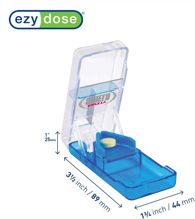 Ezy Dose Pill Cutter and Splitter with Safety Shield, Daily Usage, Safely Cut Pills, Vitamins, Tablets in Half, Accurate and Easy Cutting, Stainless Steel Blade, Travel Sized, Color May Vary, BPA Free