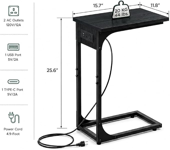 TEMI C Shaped End Table for Couch with Charging Station, Small Side Table TV Tray for Eating or Laptop, Accent Desk for Sofa or Chair, Space Saving Living Room Bedroom, Black