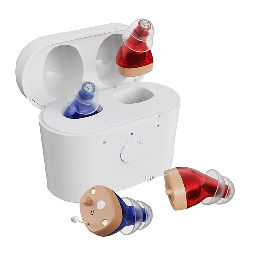 Hearing Aids for Seniors Rechargeable, Hearing Amplifier for Adults with Whistle Noise Cancellation, Virtually Invisible Compact Design, 16-Channel Clear Sound Quality (Red and Blue)