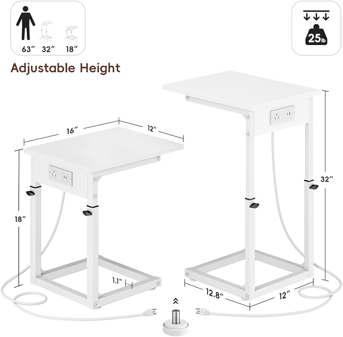C Shaped End Table with Charging Station, C Table End Table Adjustable Height Sofa Table, Side Table for Couch, Couch Table that Slide Under, TV Tray Arm Table for Living Room,Bedroom, White