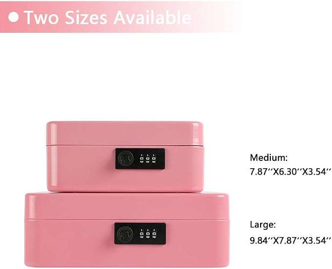 xydled Steel Cash Box Safe with Combination Lock,Money Safe Box with Removable Coin Tray,Medium,7.87"x 6.30"x 3.54",Pink