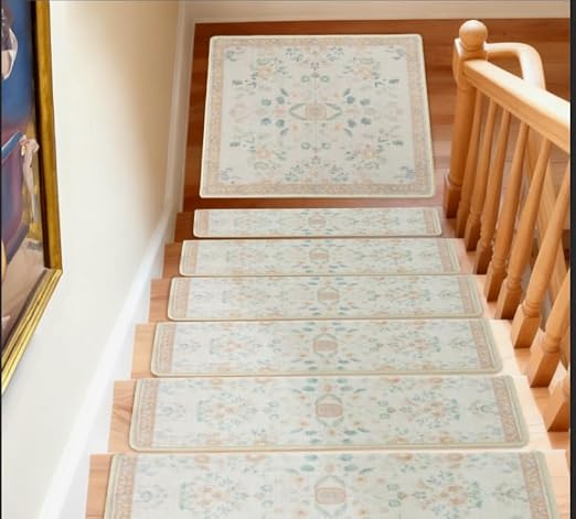 RORA Stair Treads Landing Mat, 30x30 Stair Landing Rug for Indoor | Non-Slip, Washable, For Wooden Steps, Floral Design, Stair Rugs Mat for Pets, Beige