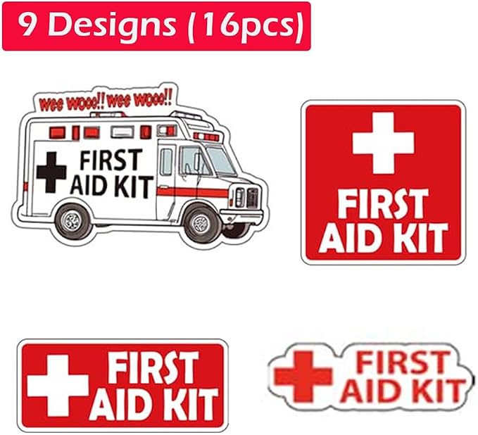 First Aid Sticker Decal Set | Self-Adhesive Vinyl Decals | 1st Aid Emergency Box Package | 9 Designs, 16 Pieces