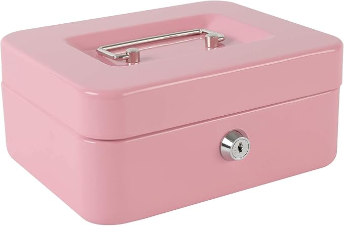 xydled Locking Steel Medium Cash Box with Removable Coin Tray and Key Lock,7.87"x 6.30"x 3.54",Pink