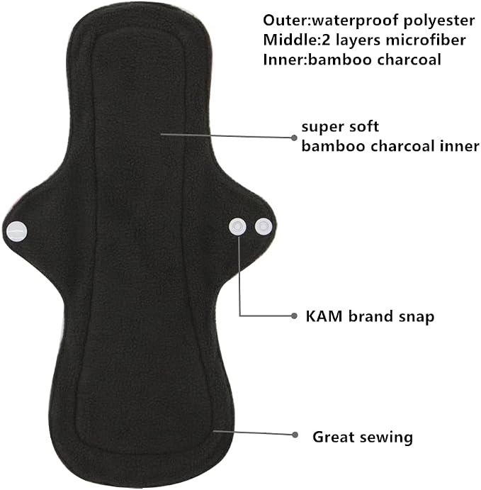 Reusable Menstrual Pads - Bamboo Charcoal Menstrual Heavy Incontinence Pads |Sanitary Pads - Pack of 5, 1 Cloth Mini Wet Bag