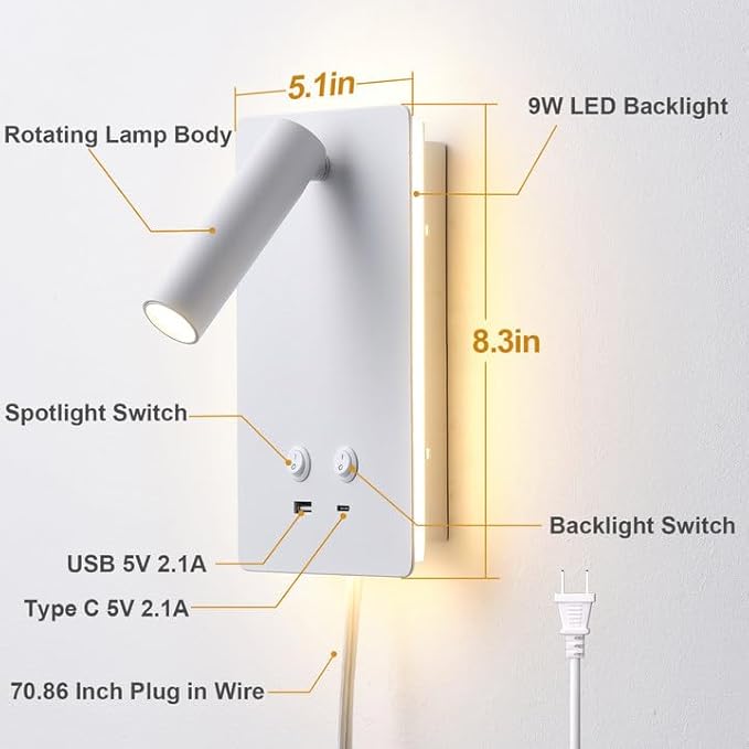 MOLUOLA LED Wall Lamp Wall Mounted Reading Lights Set of 2, Adjustable Headboard Plug in Wall Sconce with USB C+A Ports, Headboard Bedside Lamp with 9W+3W Night Light 3000K (White)