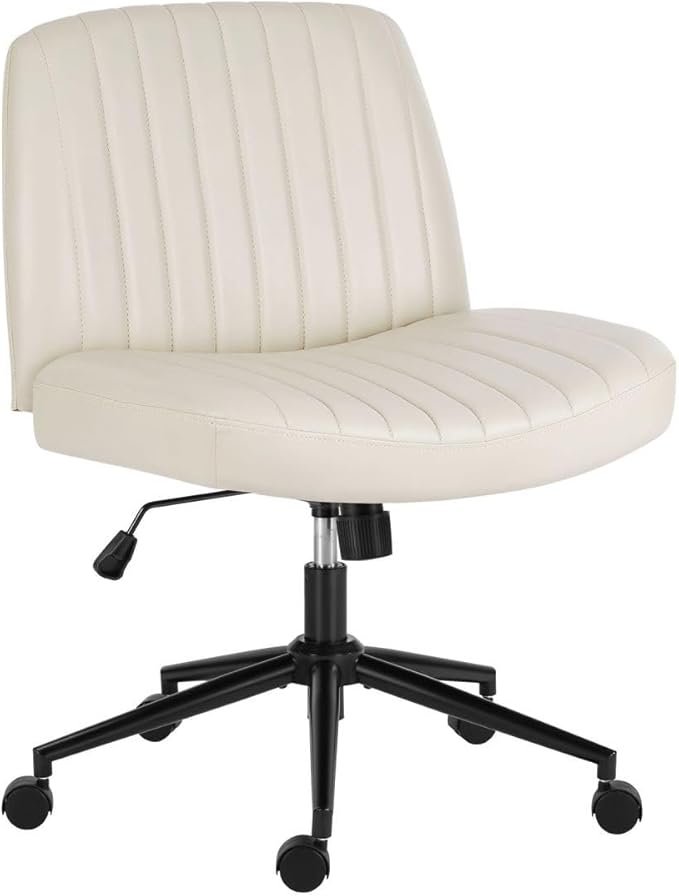 Criss Cross Chair with Wheels, Ergonomic Armless Swivel Comfy Vanity Seat, Wide Back Support and Adjustable Height for Home Office Bedroom Computer Gaming Makeup, Beige Leather