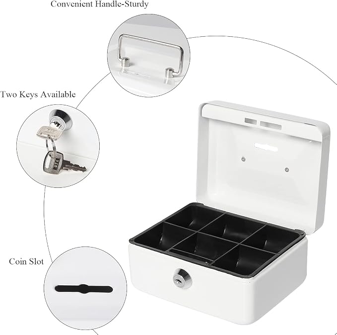 Jssmst Small Lock Cash Box, Locking Money Box for Kids with Slot on Top, White Lock Box, 5.91 x 4.72 x 2.95 inches, CB003-W