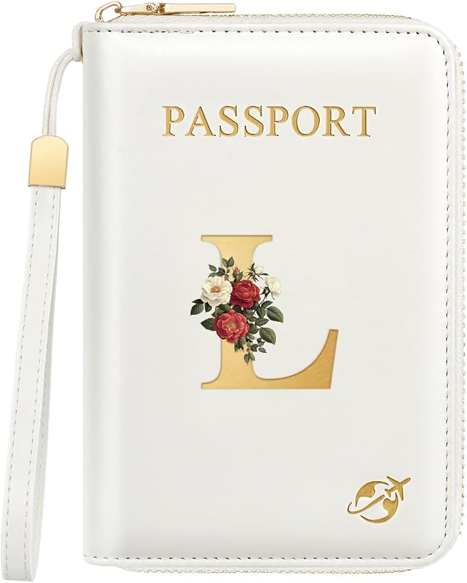 Passport Holder for Travel Personalized Wallet with Wristlet Women | All-in-One Passport Cover, RFID Blocking, Back Coin Pocket, Paper Money Slot, Zipper Closure, Roses Initial Letter, White L