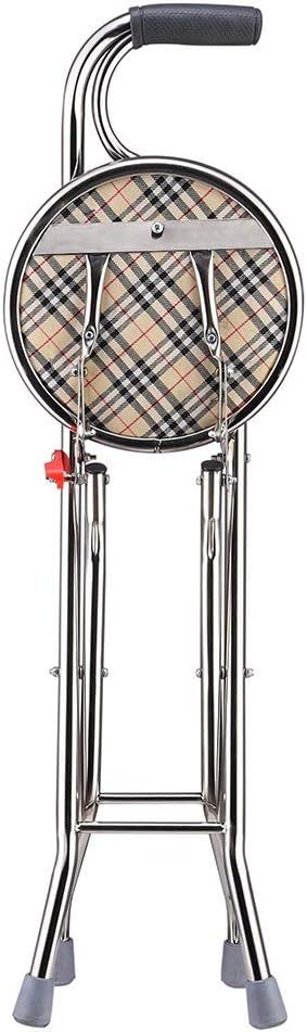 Folding Walking Stick with 9" Padded Seat Portable Stainless Steel Quadripod Support Cane Chair Stool with Anti-Slide Feet for Elderly Limited Mobility Physical Rehabilitation(Quadripod Cane Stool)