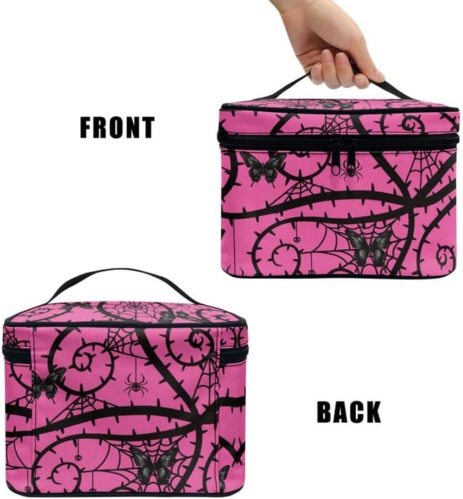 Spider Web Butterfly Make Up Bag Travel Cosmetic for Women, Gothic Black Thorn Large Makeup Accessories Organizer Essentials Toiletry Bags, Pink
