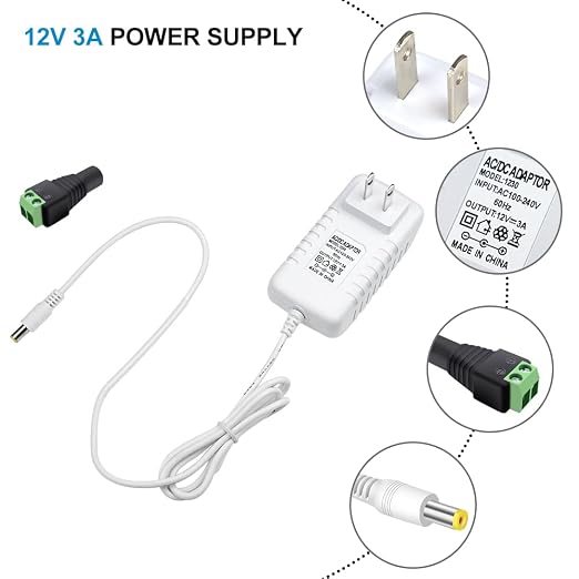 12V Power Supply, 12 Volt 3A 36W DC Power Supply, White LED Power Adapter, AC 110V to 12V Wall Mounted Transformer Plug for LED Strip Lights with 5.5/2.1 DC Female Connector