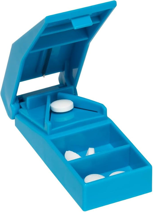 Acu-Life Pill Splitter with Storage, Stainless Steel Blade, Sturdy, Easy to Use, Accurate, Safely Cuts in Half Small, Tiny and Large Pills, Tablets, Vitamins, for Seniors, Pets, Blue, BPA Free