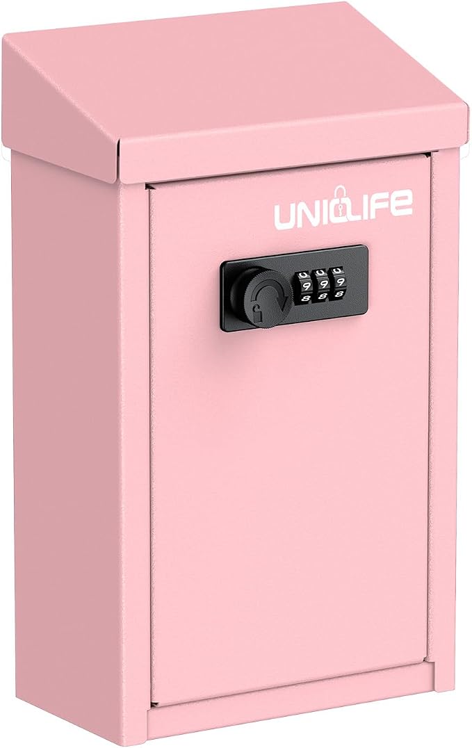 Uniclife Cash Box with Combination Lock, Wall Mounted Mailbox for Outside | Pink Code Lock Box, Metal Donation Box with Top Slot, Suggestion Box for Office and Business