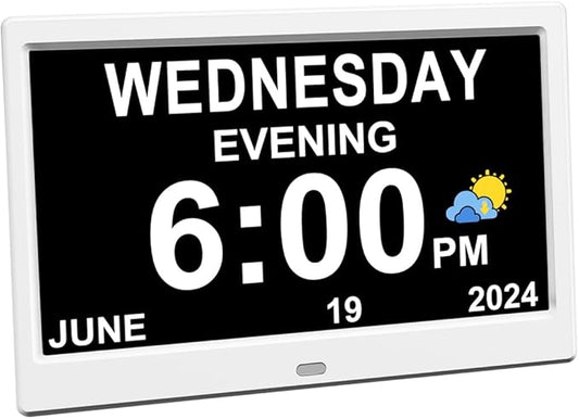 AINFTIME DST Clock with Day and Date for Elderly-3 Display Digital Calendar Alarm Day Dementia Alzheimers Clock with Extra Large Display (10.1 Inch White)