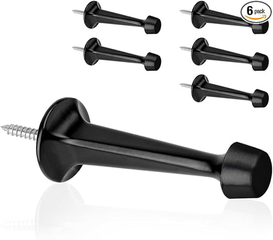 6 Pack Solid Rigid Door Stops - Heavy Duty Door Stoppers Wall Protector with Soft Rubber Tips, Black