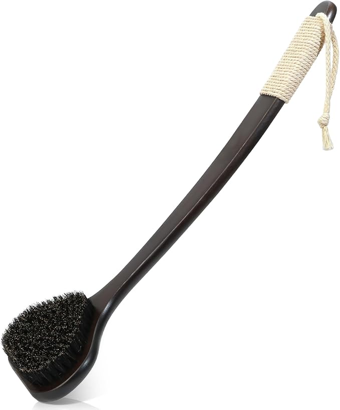 eaxun 17.3 Inches Bamboo Back Scrubber with Curved Long Handle for Shower | Exfoliating Shower Brush with Natural Boar Bristles for Men and Women, Anti-Slip Grip Back Washer for Bath or Dry Brushing