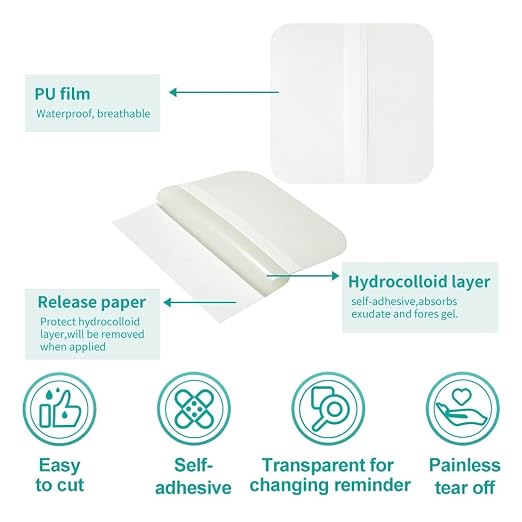 Dimora Hydrocolloid Dressing 4" x 4" for Wound Care, 10 Pcs Large Patch Bandages with Self-Adhesive for Bedsore, Burn, Blister, Acne Care, Super Absorbent for Fast Healing