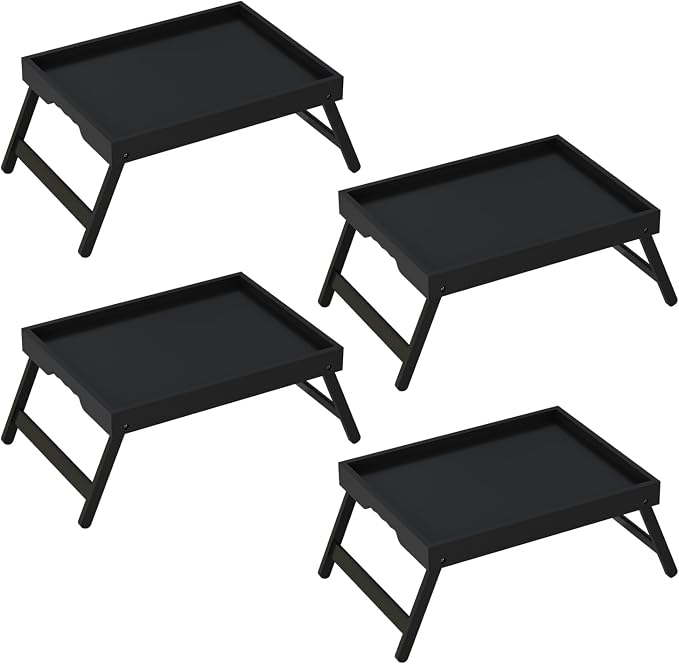 Youpehom Bamboo Bed Tray Tables with Folding Legs, Medium, 4-Pack, Black | Four bamboo bed trays with folding legs and handles for family meals, guests, reading, laptop use and everyday serving.