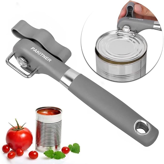 PAKITNER- Cut safe manual can opener, smooth edge - handheld Side cut with Sharp Blade, Comfortable Grip Handle Food Grade Stainless Steel Cutting Can Opener, Gray