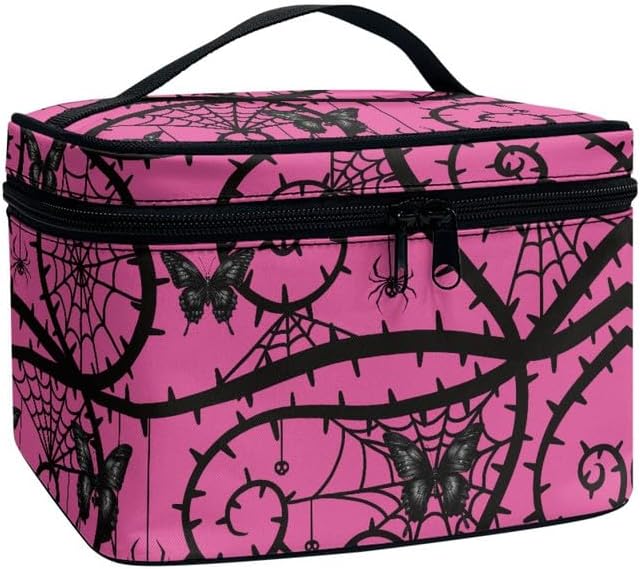 Spider Web Butterfly Make Up Bag Travel Cosmetic for Women, Gothic Black Thorn Large Makeup Accessories Organizer Essentials Toiletry Bags, Pink