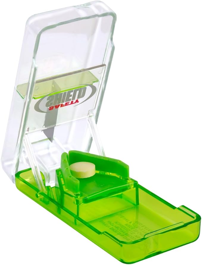 Ezy Dose Pill Cutter and Splitter with Safety Shield, Daily Usage, Safely Cut Pills, Vitamins, Tablets in Half, Accurate and Easy Cutting, Stainless Steel Blade, Travel Sized, Green, BPA Free