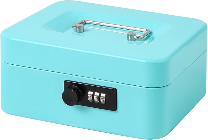 Jssmst Medium Cash Box with Combination Lock - Durable Metal Cash Box with Money Tray,light blue,7.87 x 6.3 x 3.35 inches
