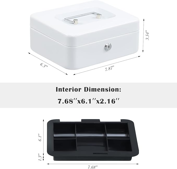 xydled Locking Steel Medium Cash Box with Removable Coin Tray and Key Lock,7.87"x 6.30"x 3.54",White