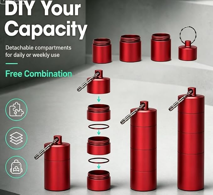 Portable Keychain Pill Case Holder, EFFIET 3 Compartments Metal Pocket Emergency Pill Container Box for Daily Supplyment (Rose Red)