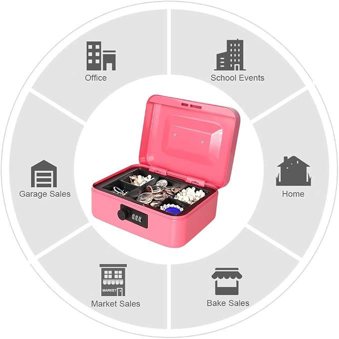 Jssmst Medium Cash Box with Combination Lock - Durable Metal Cash Box with Money Tray Pink,7.87 x 6.3 x 3.35 inches,CB0704M