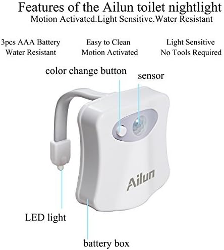 Ailun Toilet Night Light Motion Sensor LED 8 Colors Changing, 2 Pack | Motion Sensor Activated, Toilet Bowl Illuminate, Battery Not Included, Perfect with Water Faucet Light