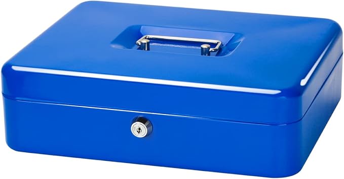 Jssmst Large Cash Box with Key Lock - Durable Metal Cash Box with Money Tray, 11.81 x 9.84 x 3.46 inches (X-Large, Blue)