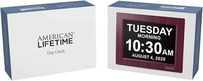 American Lifetime, Upgraded Version, Day Clock Extra Large Impaired Vision Digital Clock with Battery Backup and 5 Alarm Options, Premium Mahogany Color, 8 inch