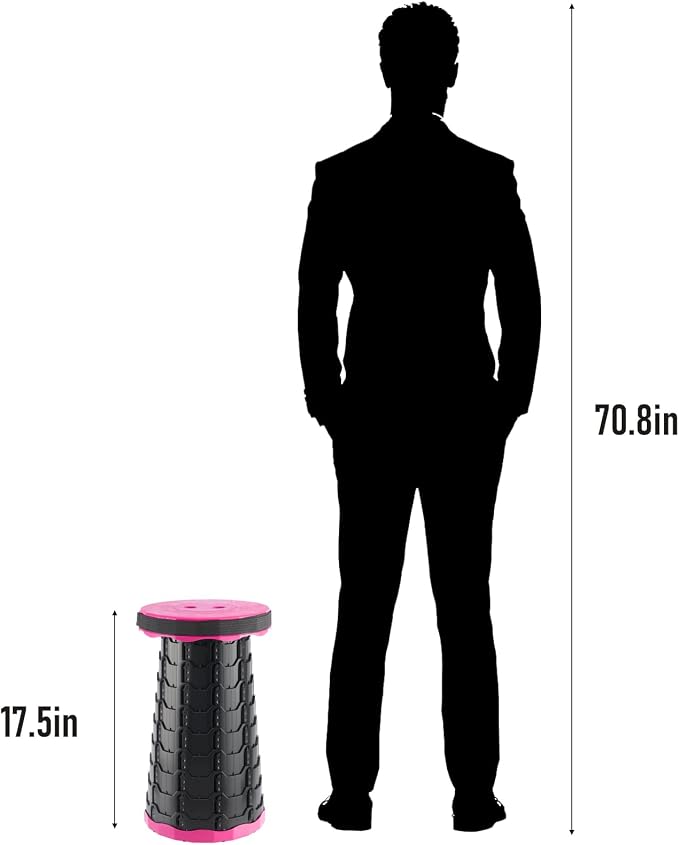 Doseno Collapsible Stool, Portable Stool, Foldable Collapsible Seat, Pink | Retractable foldable stool spans 2.4-17.5 in; portable seat with carry strap for fishing, hiking, camping, BBQ and travel.