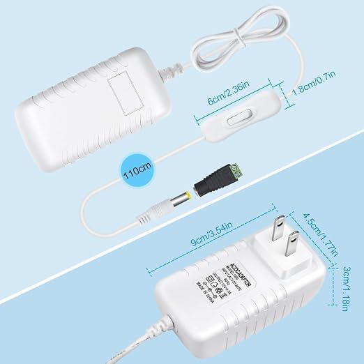 12V Power Supply, 12 Volt 3A 36W DC Power Supply with On Off Switch, White Switching LED Power Adapter, AC 110V to 12V Transformer Plug for LED Strip Lights with 5.5/2.1 DC Female Connector, 3 Pack