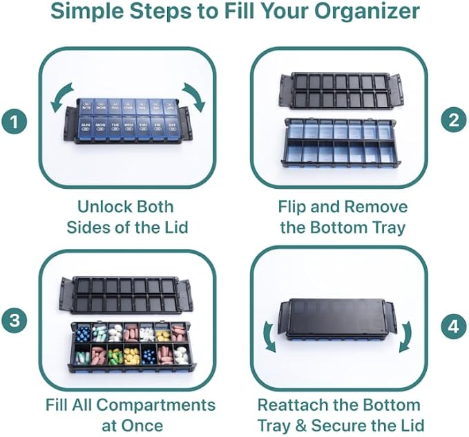 Sukuos Weekly Pill Organizer 7 Day 2 Times a Day, Quick Fill Daily Pill Box AM PM, Easy to Open Large Vitamin Cases (Blue)
