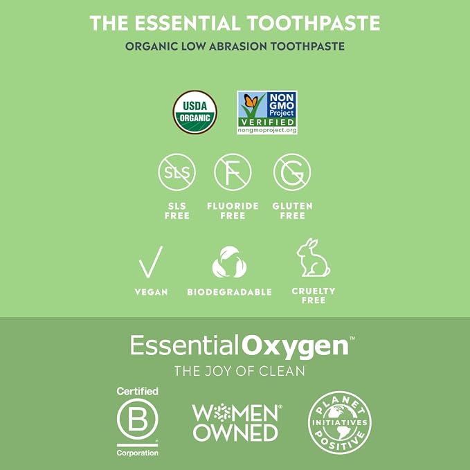 Essential Oxygen BR Certified Organic Toothpaste, for Whiter Teeth, Fresher Breath, Happier Gums, Tooth Sensitivity, Peppermint, 4 Ounce, 2 Count