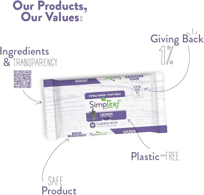 Simpleaf Flushable Wet Wipes Lavender | Plastic Free, Paraben & Alcohol Free | Hypoallergenic & Safe for Sensitive Skin | Soothing Aloe Formula | Adult Toilet Wipes (6 x 50 Counts Pack) 300 Counts
