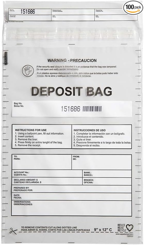 Clear Plastic Deposit Bags 9"x12" | Secure Bank Deposits, Cash Handling or Safe Currency Transportation | Sequential Barcodes | Tamper-Evident | Tear-Off Receipt for Security | 100-Pack
