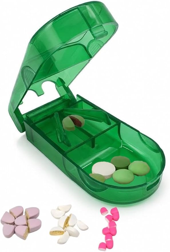 Pill Cutter, Precise 1/2 Pill Splitter for Small and Large Pills, Portable Medicine Divider with Storage Compartment, for Travel and Daily Use (Green, Clear Mini)