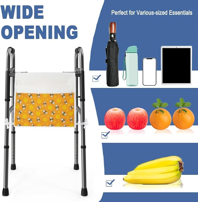 TOGETRUE Walker Bag, Easy Access Walker Storage Basket with 2 Large Pockets, Walker Accessories Bag for Folding Walker, Wheelchairs, Strollers, 13"x14.5" (Bees)
