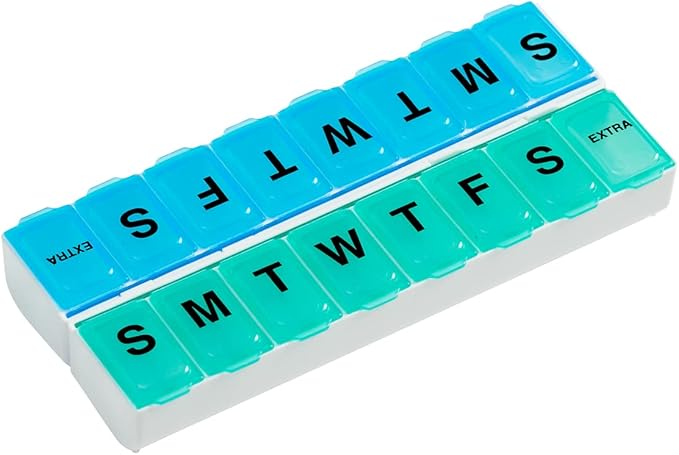 EZY DOSE Weekly (14-Day) Pill Organizer, Vitamin and Medicine Box, Large Snap Compartments, Easy-To-Open, BPA Free, Blue and Green
